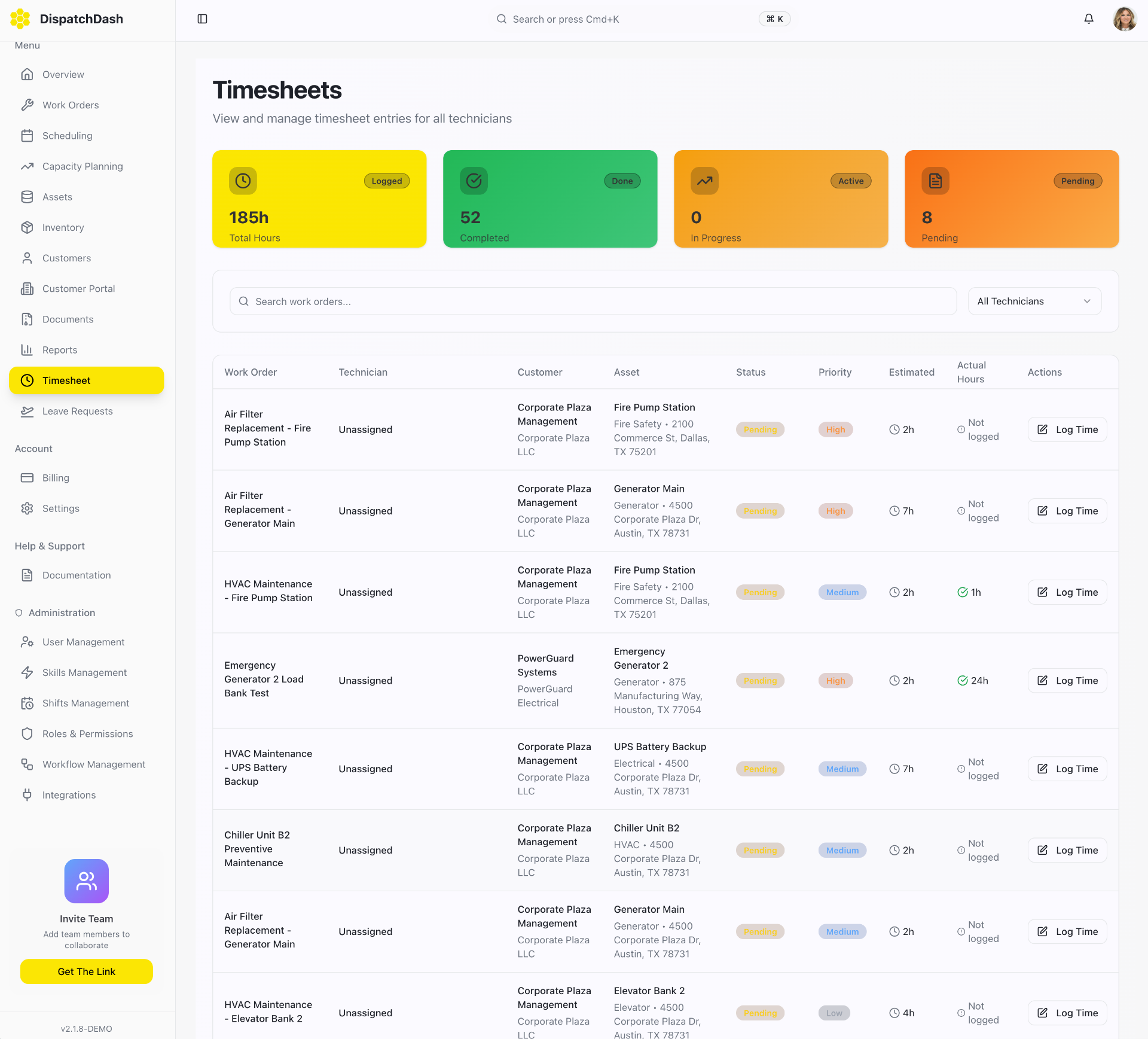 Project Manager Timesheet Interface Field Service Management Software | DispatchDash